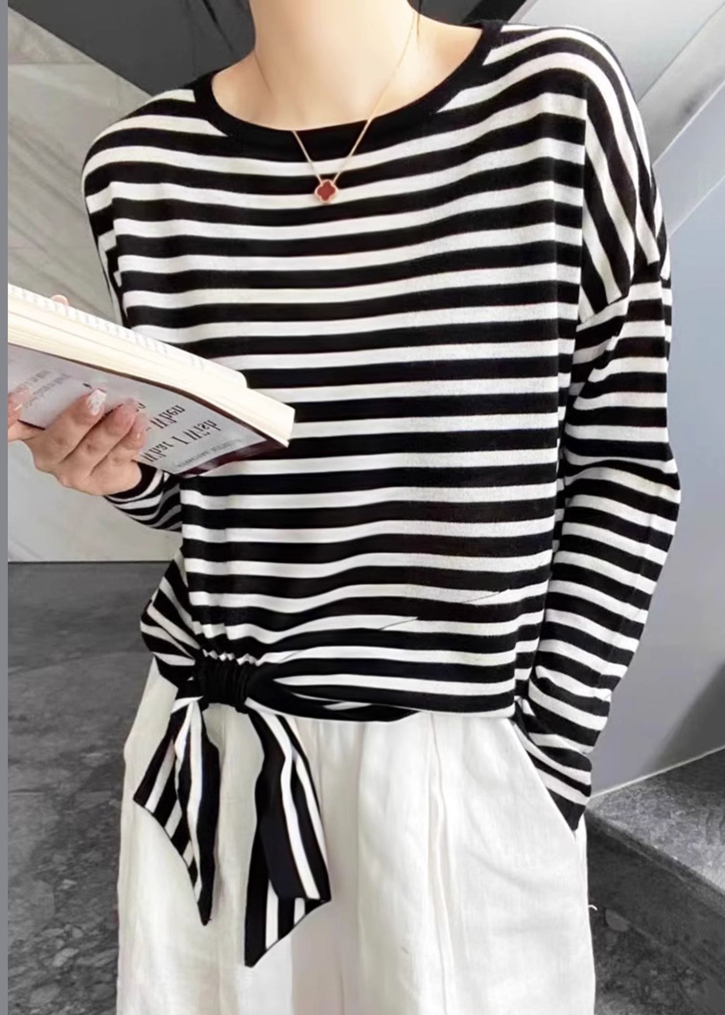 Spring OT Lace Striped Black Up Loose Neck Baumwollhemd 