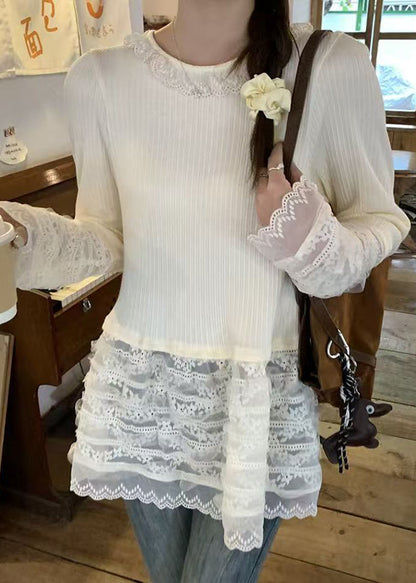 Chemise slim boutonnée patchwork coupe T, dentelle printanière beige 