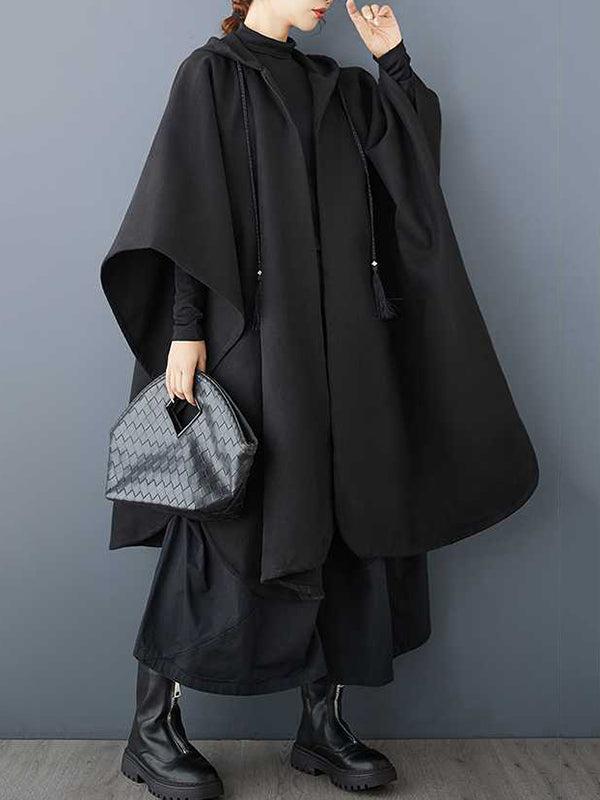 Stilvoller schwarzer Trenchcoat mit Kapuze, Kordelzug, Quastentaschen, Reißverschluss und Fledermausärmeln TW007 
