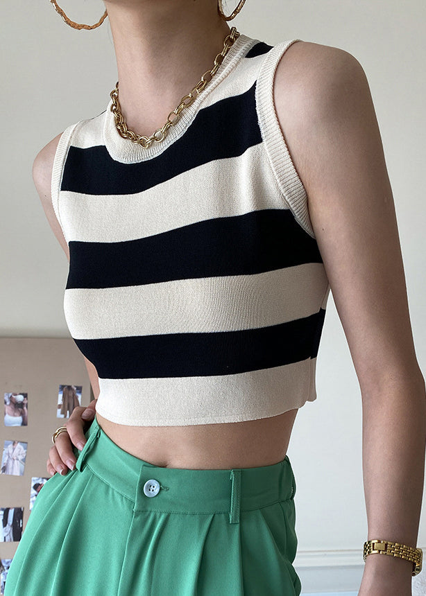 Black Striped Cozy Knit Tank O Neck Summer AF1050