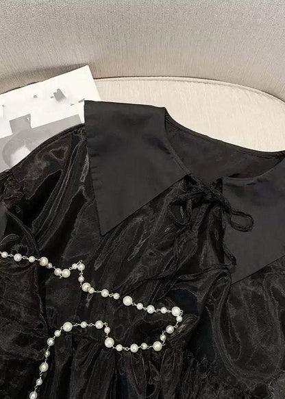 Französische schwarze Ärmel Hals V Tüll lange Patchwork Midi Kleider