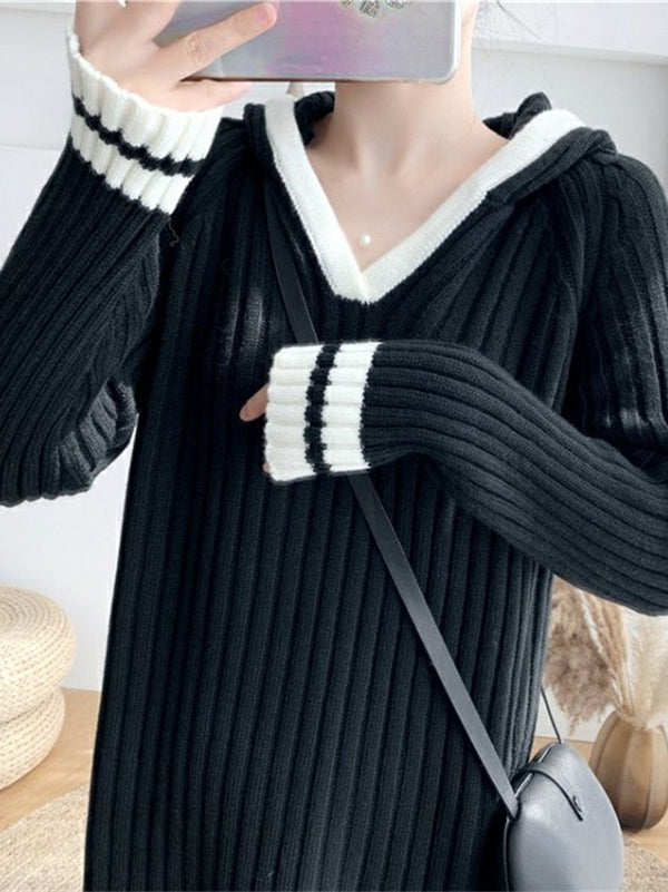 Urban Coffee Hooded V-Neck Long Sleeve Striped Knit Dress AN1051