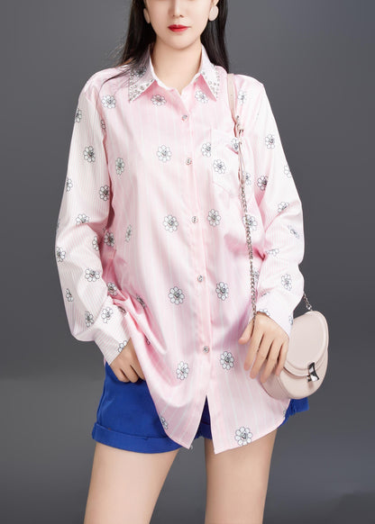 Chemise en coton imprimé à col Peter Pan rose Art Automne AJ1006 