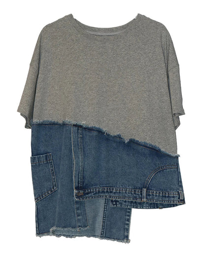 T-shirt court blanc à manches patchwork et ourlet rond en denim Street 