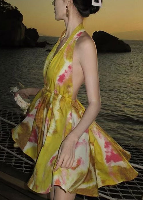 Robe en mousseline de soie jaune, mini imprimé, élégante, en dentelle, dos nu 
