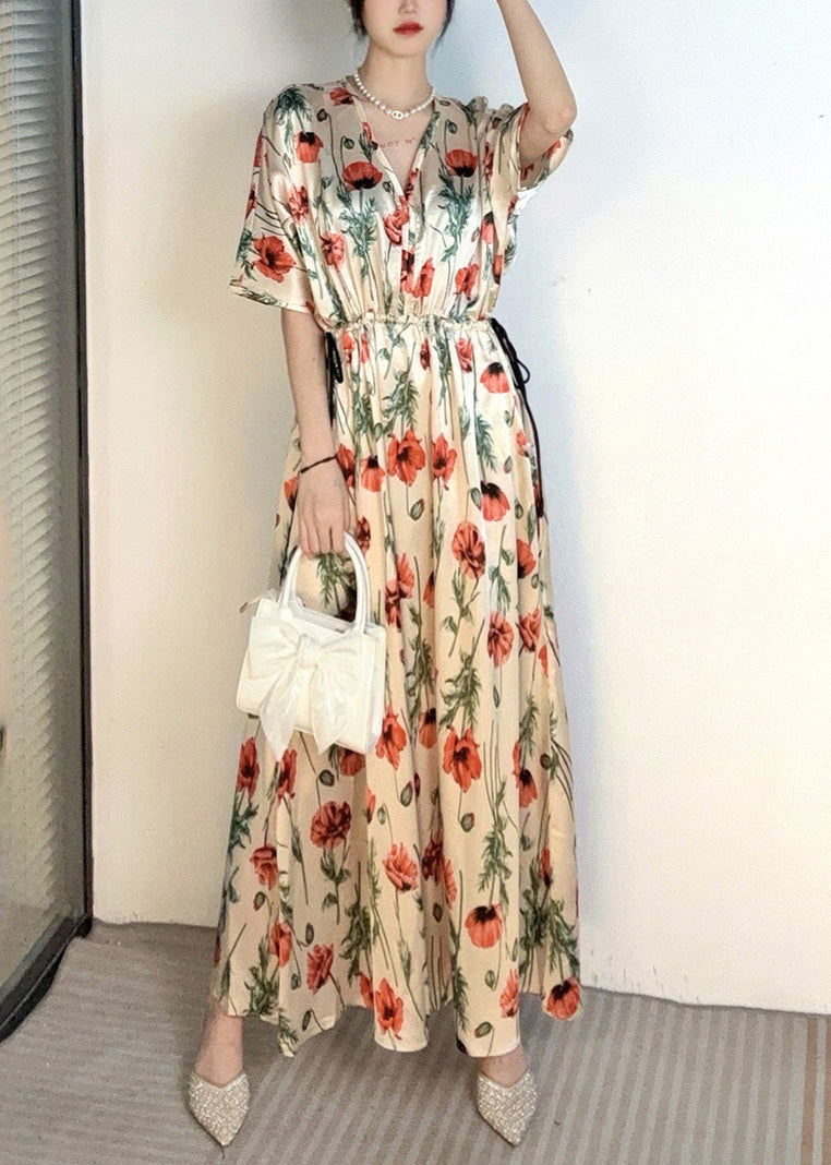 Handmade Apricot V Neck Print Cinched Holiday Long Dress Summer AO1028