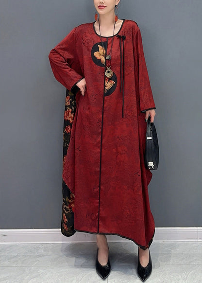 Robe longue en soie rouge à col rond et manches longues de style chinois AO1057 