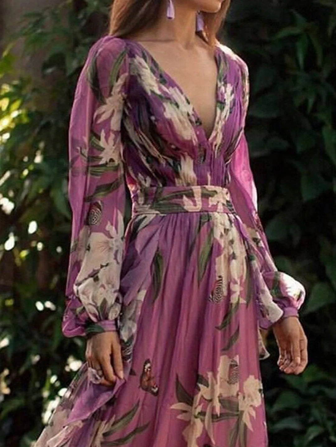 Floral Maxi V Muster Hals Elegante Kleid Schmetterling 