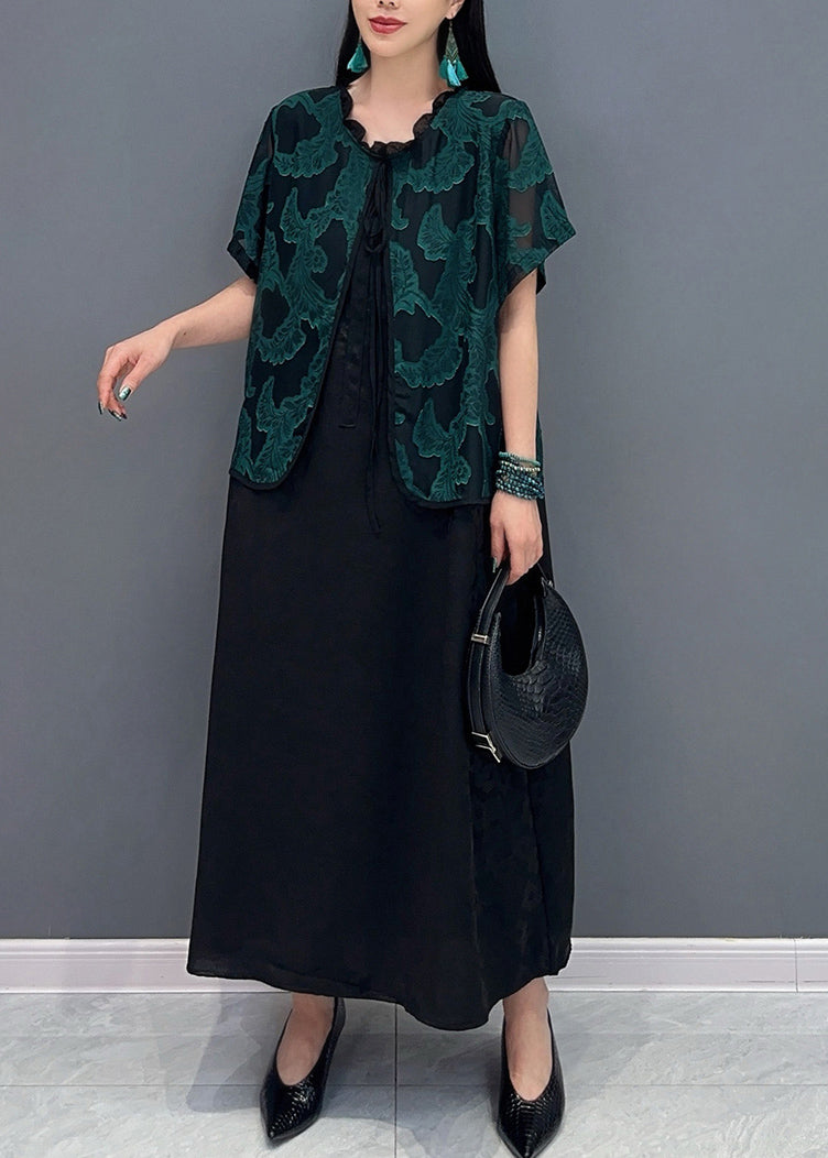 Handmade Green O-Neck Print Fake Two Pieces Long Dress Summer AO1048