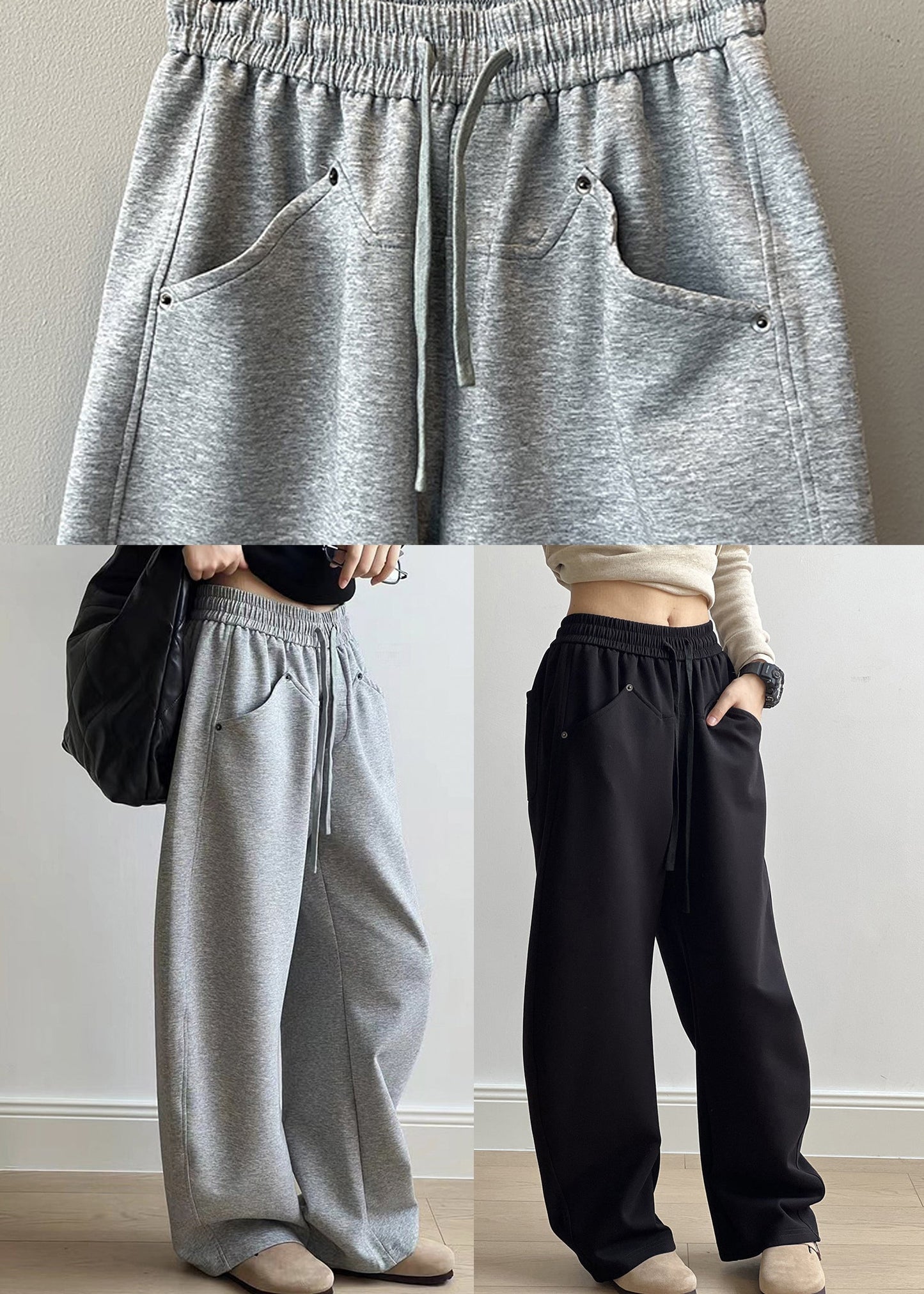 Casual Grey Pockets Drawstring Elastic Waist Cotton Pants Fall AF1072