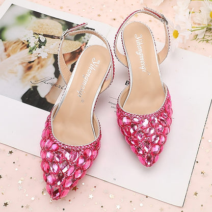 Heels Slingback Women's High Crystal Pointed-Toe Rhinestone