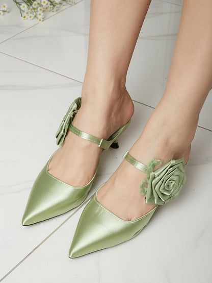 Satin Heels with Green Floral Toe Pointed Ankle Women's