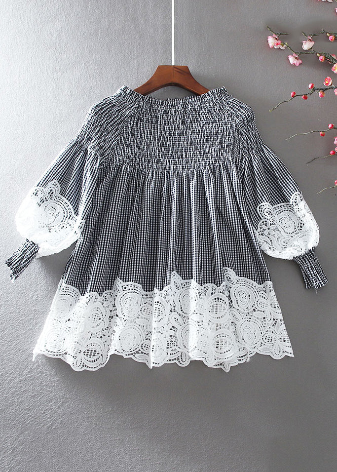 French White O-Neck Wrinkled Patchwork Hollow Out Shirt Long Sleeve NN036