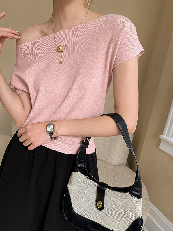 Stylish Loose Pink Boat Neck Short Sleeve Knit Top AN1073