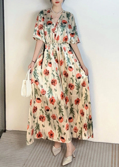 Robe longue de vacances cintrée à imprimé abricot à col en V faite à la main pour l'été AO1028 