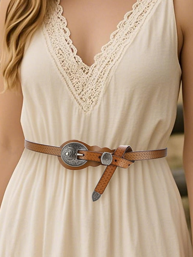 Women's Faux Waist Vintage Carved Leather Belt Western with