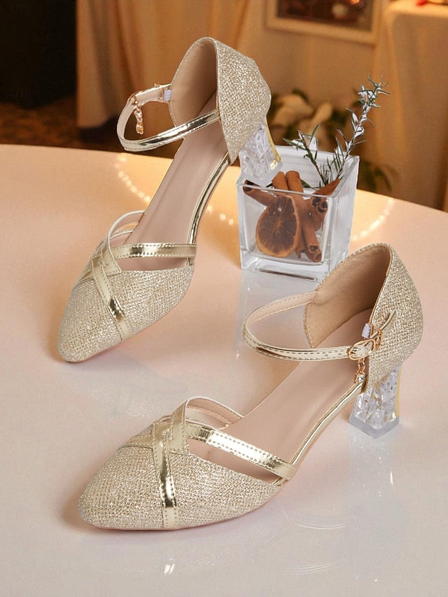 Ankle Elegant Strap Heel Pumps Gold Block Glitter Women's -