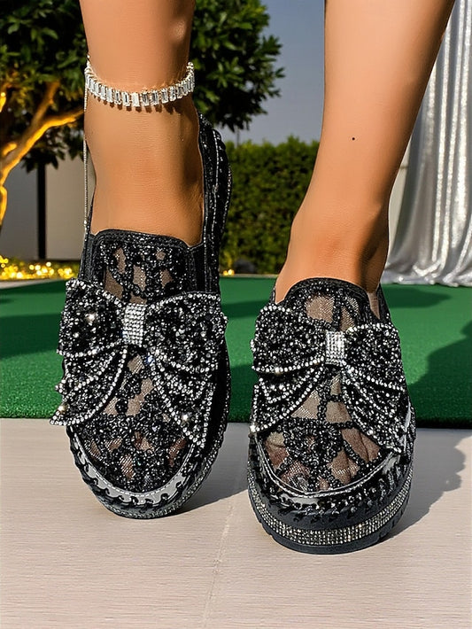 Women's Rhinestone Bow Lace with Slip-On Black Shoes