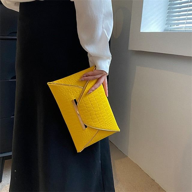 Metal Yellow Envelope Handle Women’s Clutch with Croc-Embossed