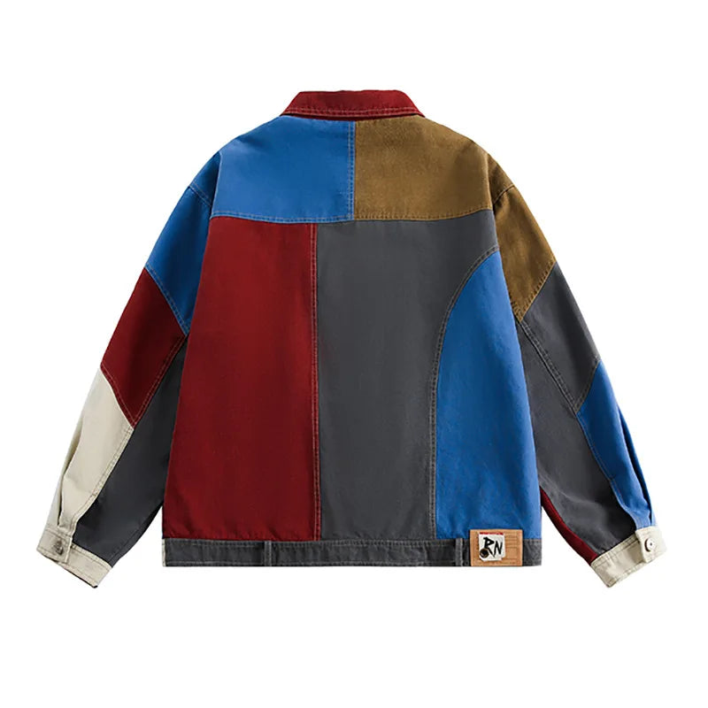 Art Lapel Blue Colorblock Long Sleeve Zip-up Denim Jacket TW017