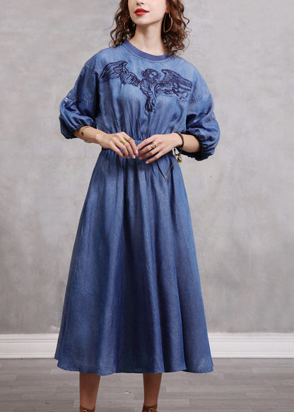 Robe longue en jean bleu vintage brodée à taille élastique et manches lanternes NN024 