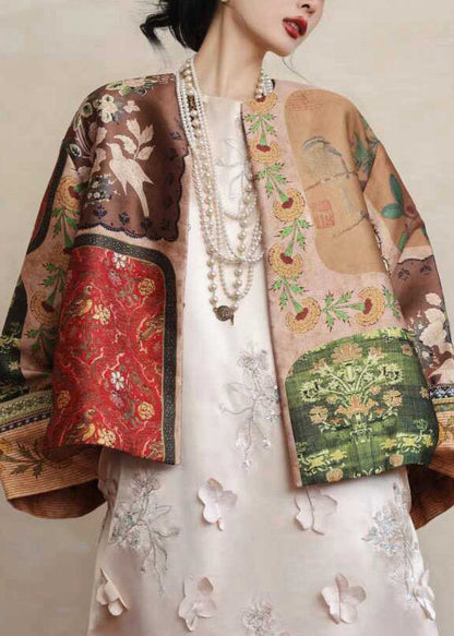 Gelber Seidenmantel im chinesischen Stil mit O-Ausschnitt und Print, Frühling TW026