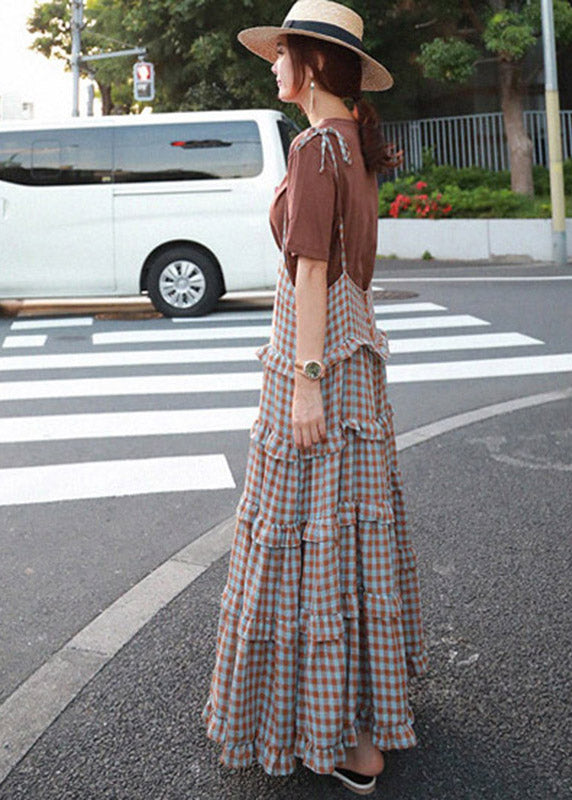 Blaues Patchwork Ärmelloses Plaid Rüschenkleid Lang 