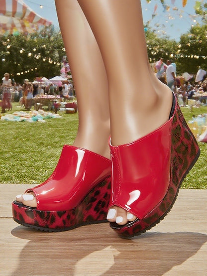 Toe Patent Women's Wedge Leather Red - Leopard Peep Sandals