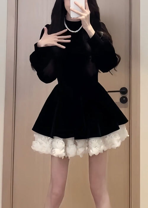 Samt Einfache Schwarz Mid O Kleid Frühling Hals Seide Solide Patchwork 
