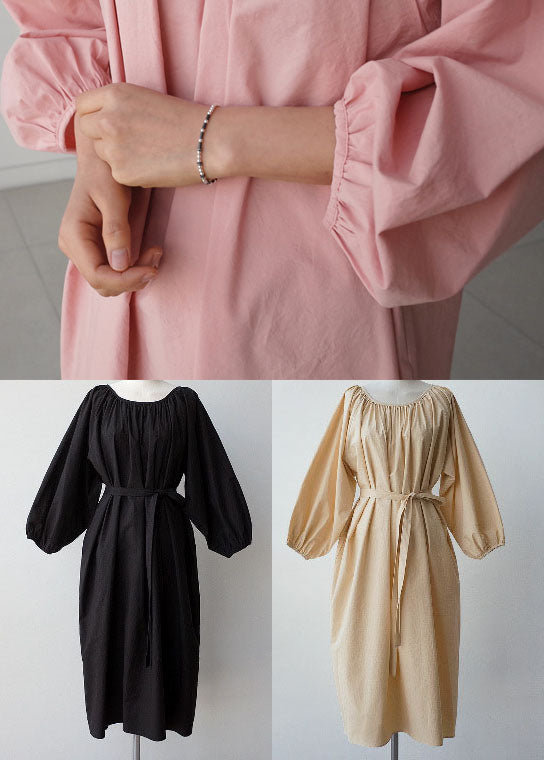 Kleid zerknittert O-Ausschnitt Rosa Maxi Viertel Drei Baumwolle Ärmel 
