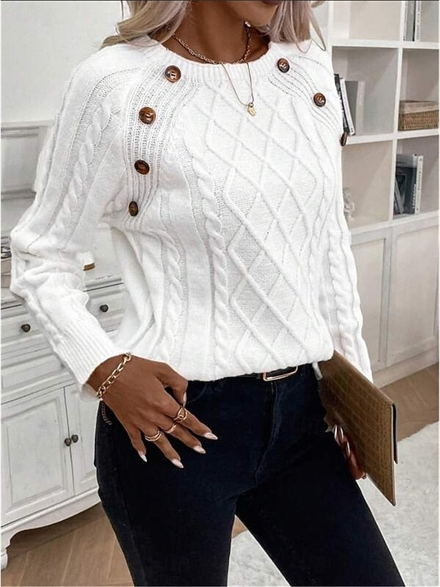Women's Sweater Casual Soft Pure Color Cable Crew Neck