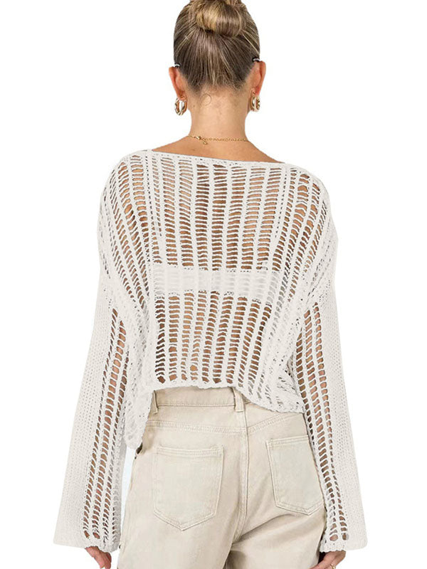 Street Loose White Round-neck Hollow Out See-Through Long Sleeves Knit Cover-Ups WS007