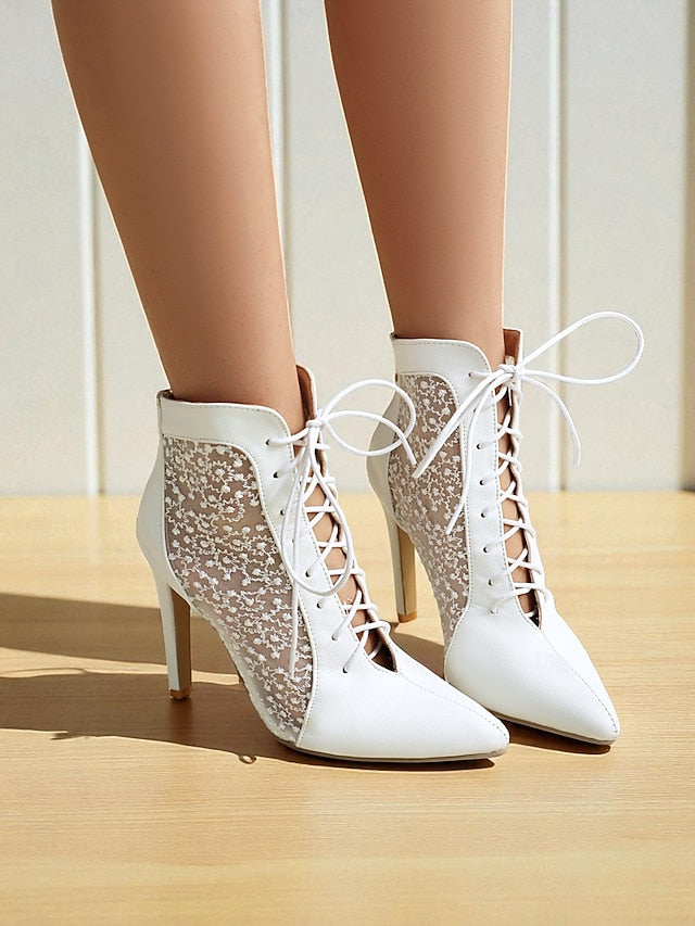 Stiletto Ankle Heels Mesh Women's Booties White Lace with