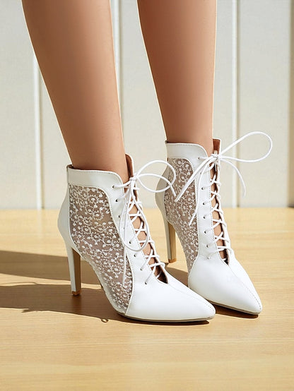 Stiletto Ankle Heels Mesh Women's Booties White Lace with
