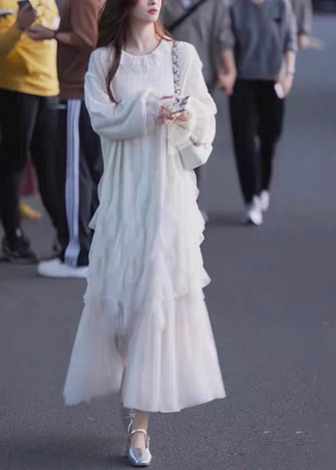 Weiß Maxi Ärmel Solide Tüll Schmetterling Kleider Elegante