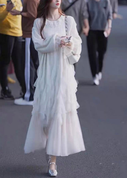 Weiß Maxi Ärmel Solide Tüll Schmetterling Kleider Elegante