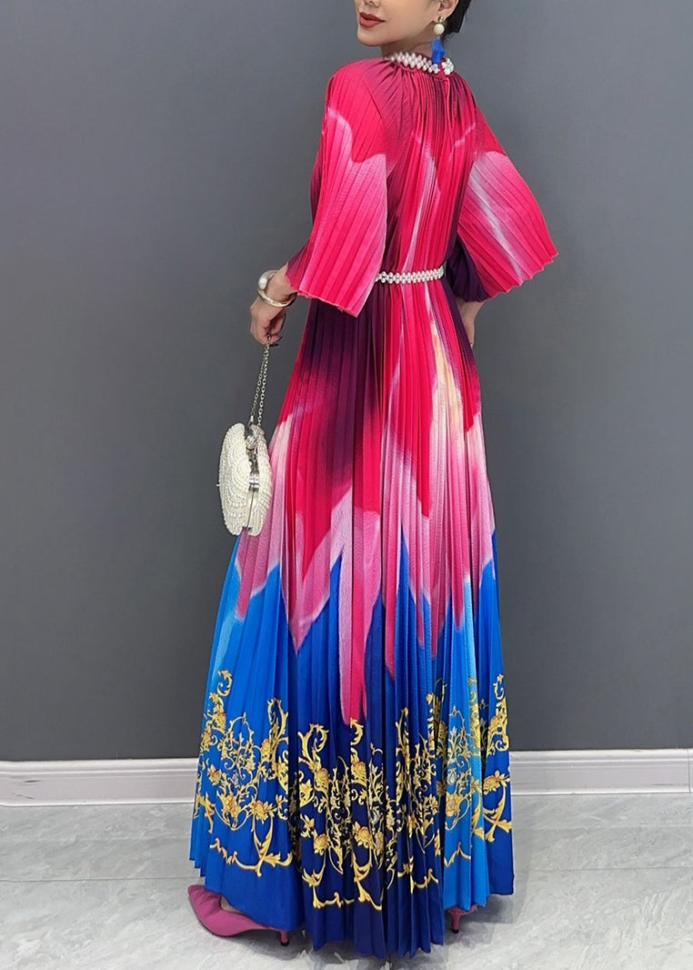 Chic Red Blue Patchwork Print Sashes Maxi Dresses Half Sleeve AO1041