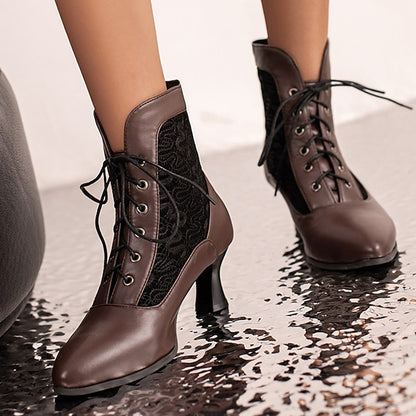 Lace-Up Ankle Women's Boots White Embroidered with Panels