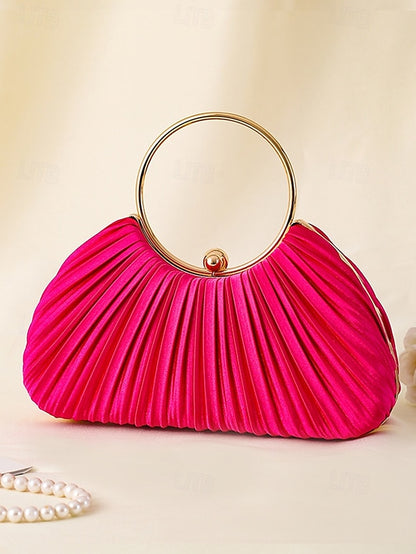 with - Elegant Handle Clutch Ring Green Gold Pleated Velvet