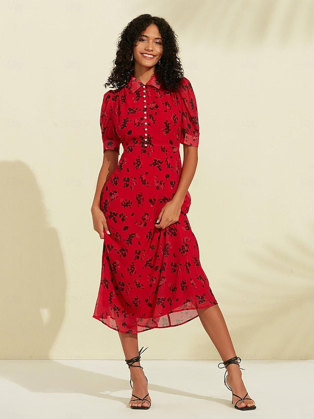 Chiffon Floral Print Puff Sleeve Midi Dress