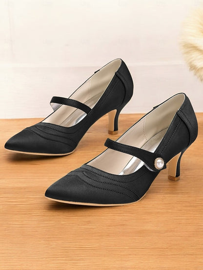 Elegant Green Heels - Button Satin Jane Pearl Mary with