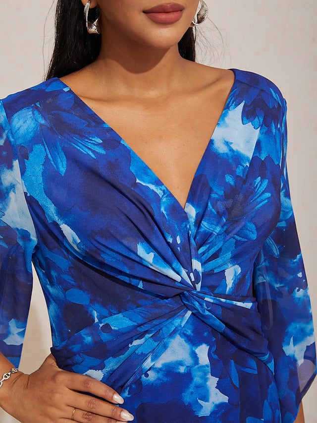 Abstract Floral V Neck Knot Front Flared Sleeve Maxi Dress