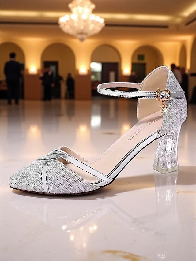 Ankle Elegant Strap Heel Pumps Gold Block Glitter Women's -
