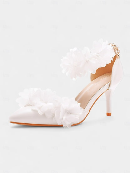Floral Pointed Women's Strap Elegant Heels - White Ankle