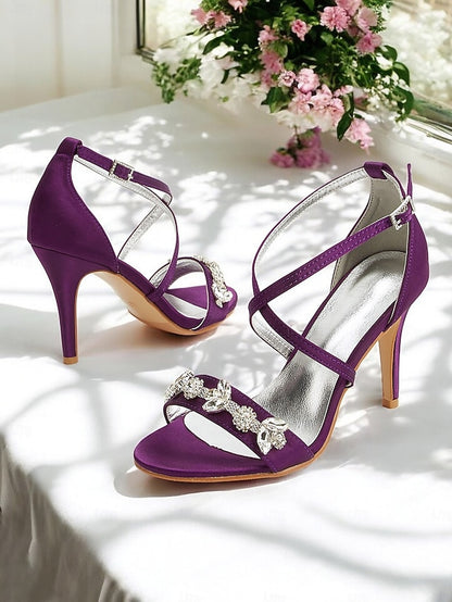 Stiletto Heels Straps with Purple Satin Women's Rhinestone