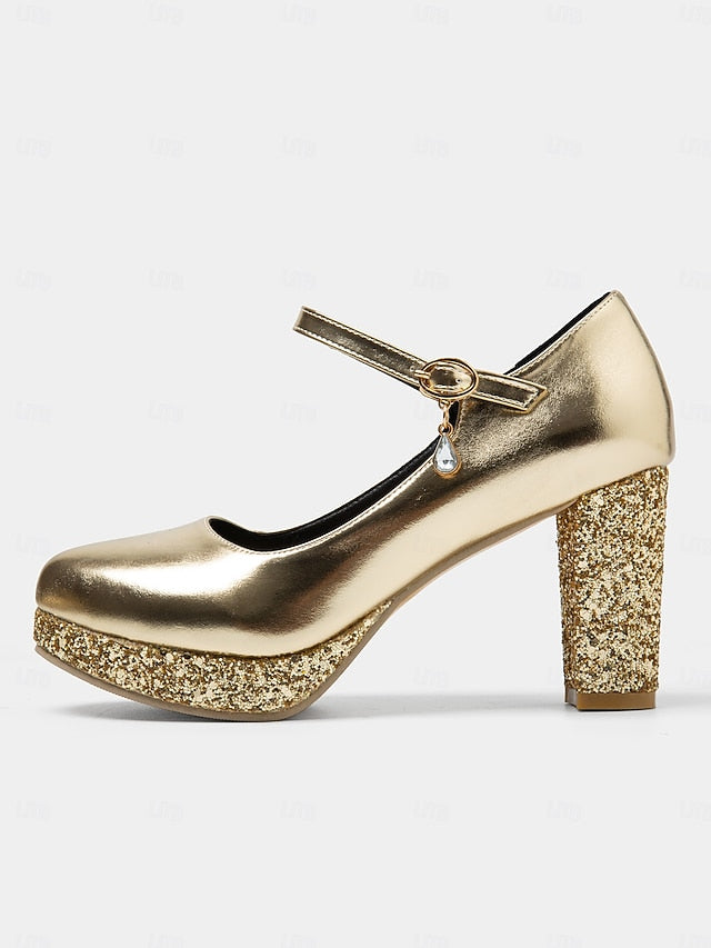 Jane Heel Block Sparkly Women's Glitter Gold Mary Pumps –