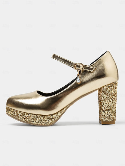 Jane Heel Block Sparkly Women's Glitter Gold Mary Pumps –