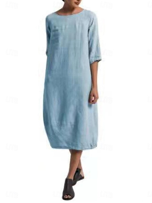 Women's Blue Light Blue Black Summer Spring Midi Dress 100%