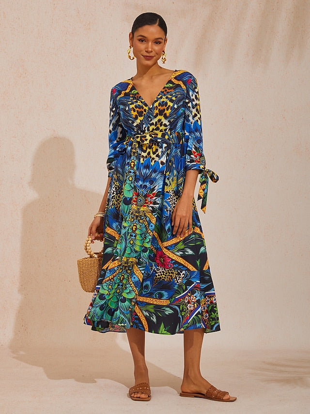 Vacation Jungle Peacock Print Fitted Waist Cotton Feel Maxi