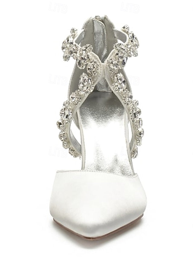 Heels Satin Women's White Pointed Crystal Strap – Elegant